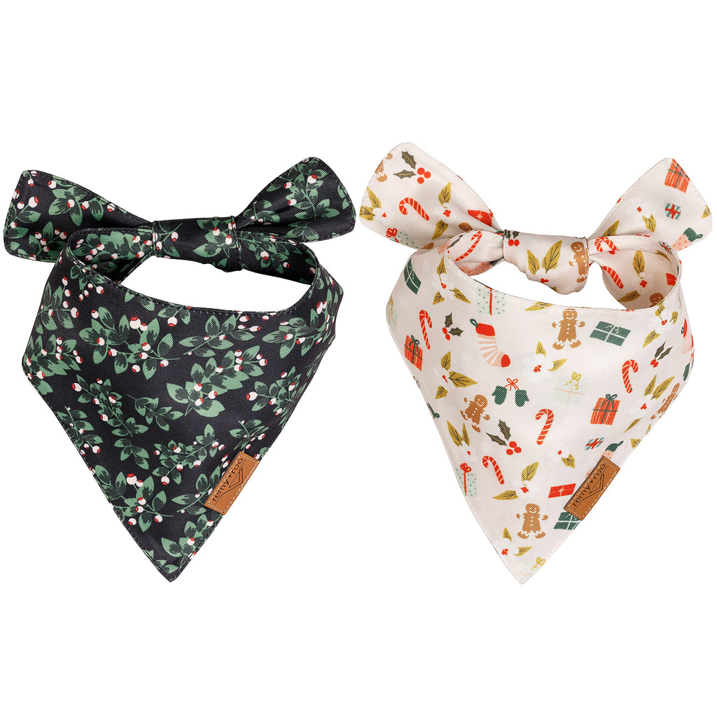 Remy+Roo Dog Bandanas - 2 Pack | Holly Set | Premium Durable Fabric | Patented Shape Bandanas for Dogs | Adjustable Fit | Multiple Sizes Offered