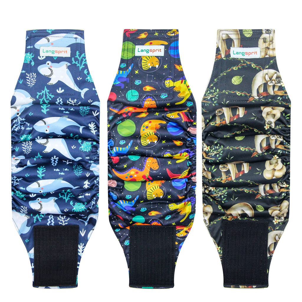 Langsprit Male Belly Bands for Dogs (Pack of 3) - Dog Diapers Male - High Absorbing Dog Wraps Washable - Reusable Small Doggy Doggie Puppy Dog Diapers (Sloth,Whale,Dinosaur, Small)