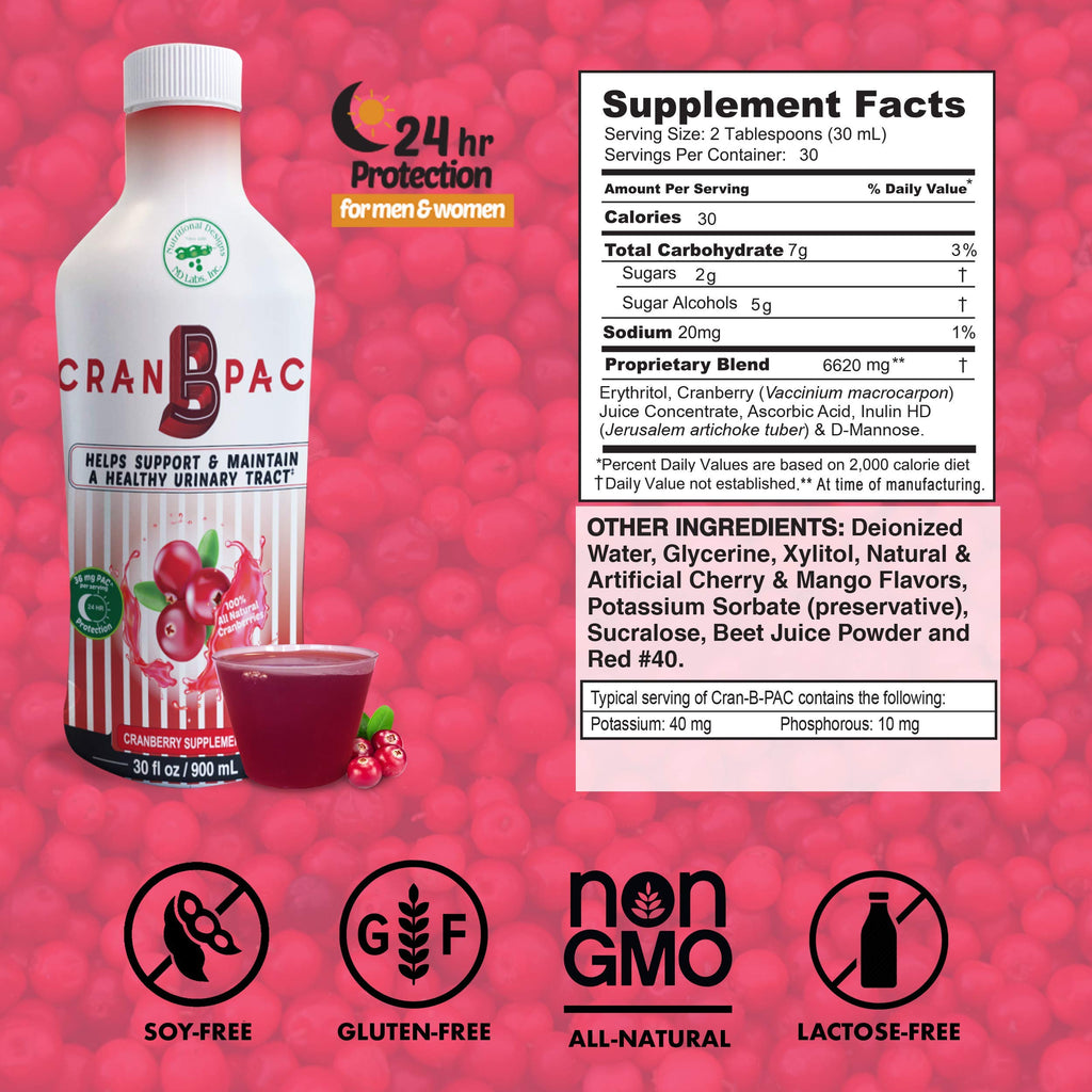 Nutritional Designs Cran-B-PAC Cranberry Supplement, Urinary Tract Health for Women Cranberry Concentrate Liquid with Vitamins, UTI Prevention for Women, Natural & Non GMO, 36mg PAC, 30 Oz Bottle