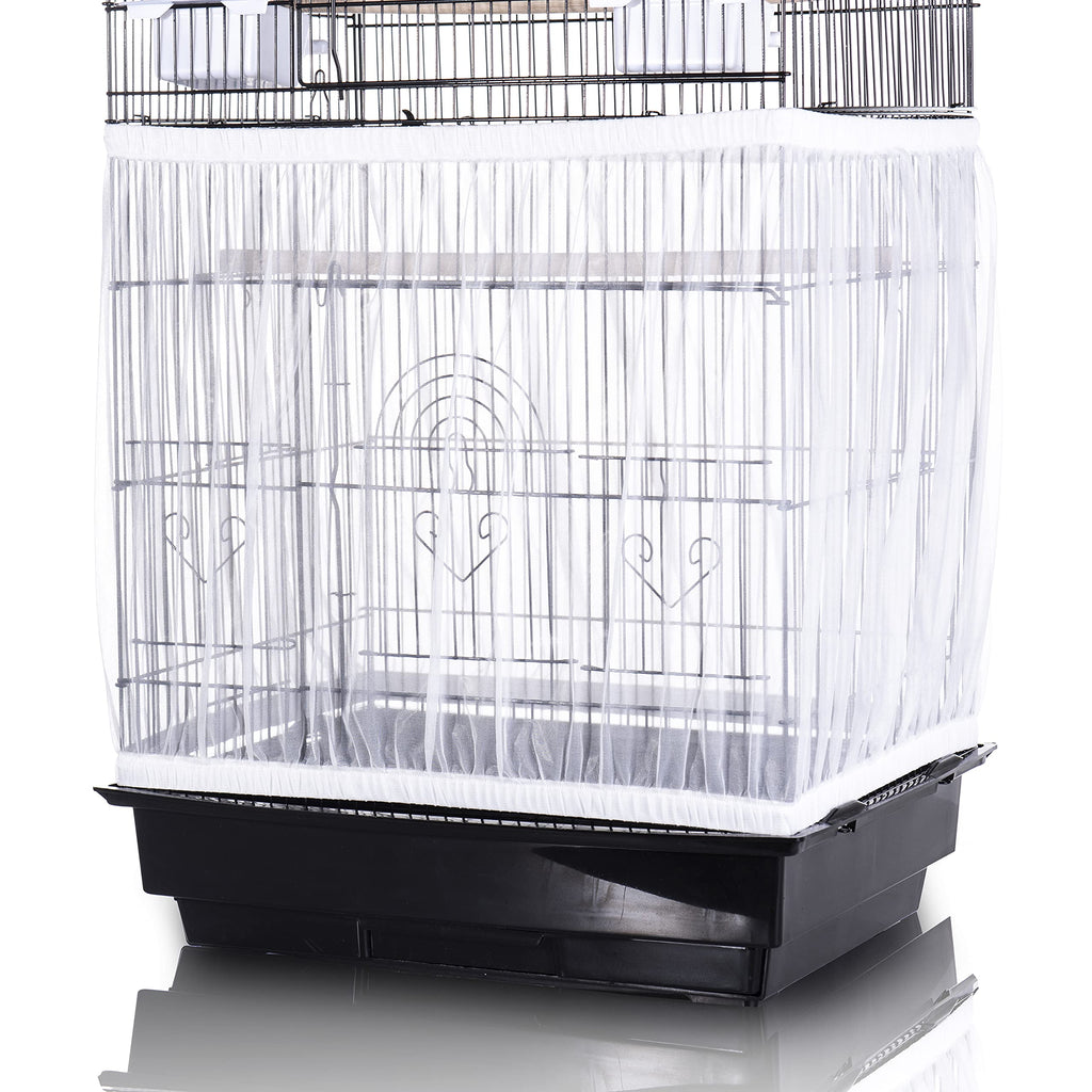 Tamu style Bird Cage Seed Catcher, Large, Stretchy Form Fitting Mesh Skirt Cover for Parrot Enclosures, Light and Breathable Fabric, Prevent Scatter and Mess, Reusable, Adjustable, Lightweight, White
