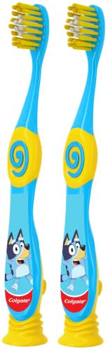 Colgate Bluey Toothbrush for Children with Suction Cup, Kids 2-5 Years Old, Extra Soft (Colors & Characters Very) - Pack of 2