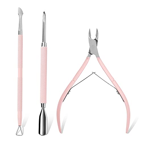 Makartt Cuticle Trimmer with Cuticle Pusher, 3 PCS Pink Nail Cuticle Nipper Professional Pedicure Manicure Tools with Stainless Steel Dual End Pusher, Nail Scraper