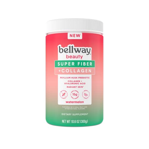 Bellway Fiber Beauty Super Fiber Powder + Collagen Powder, Sugar-Free Collagen Peptides and Psyllium Husk Fiber Supplement, Watermelon, 10.6 oz