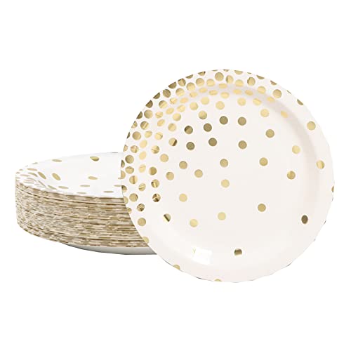 DYLIVeS 50 Count White and Gold Paper Plates, 7 inch Metallic Foil Polka Dots Disposable Dessert Party Plates Party Supplies Plates for Graduation, Birthday, Cocktail Party, Bridal Shower, Holiday