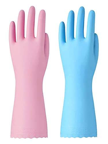 Bamllum 2 Pairs Reusable Cleaning Gloves - Latex Free Kitchen Cleaning Gloves with Cotton Liner- Household Dishwashing Gloves, Non- Slip Waterproof (Medium, Blue+Pink)