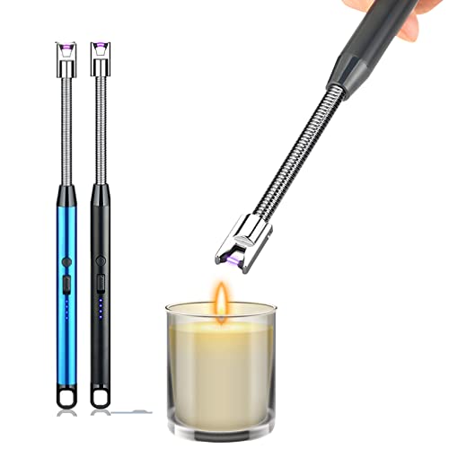 2 Pack Candle Lighter,Arc Lighter with USB Charging,Flameless Windproof,LED Battery Display,Safety Switch,Rotate 360 Degrees,for Aromatherapy,Candles,BBQ,Camping.(Blue&Black)…