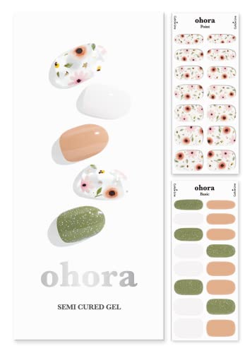 ohora Semi Cured Gel Nail Strips (N Secret Garden) - Works with Any Nail Lamps, Salon-Quality, Long Lasting, Easy to Apply & Remove - Includes 2 Prep Pads, Nail File & Wooden Stick