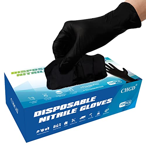 CHGD Nitrile Black Disposable Gloves 100 Count, 6mil Latex Free Textured Exam Gloves For Industrial & Household Large