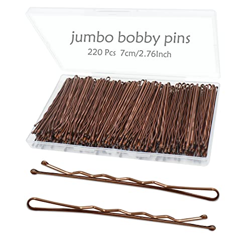 YINGFENG 220pcs 2.76 Inch Large Bobby Pins Brown, Jumbo Hair Bobby Pins, Long Bobby Pins with Box, Reusable Non Slip Hair Pins, Big Bobby Pins Great For Thick Hair