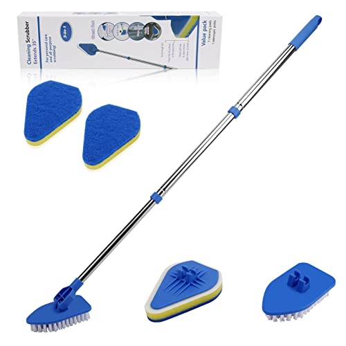 Shower Cleaning Brush, Globalstore 2 in 1 Scrub Brush Shower Scrubber for Cleaning, 37” Scrubbing Brush Bathtub Scrubber for Shower Floor Bathroom Wall Glass, 1 Stiff Bristle and 3 Sponge Brushes