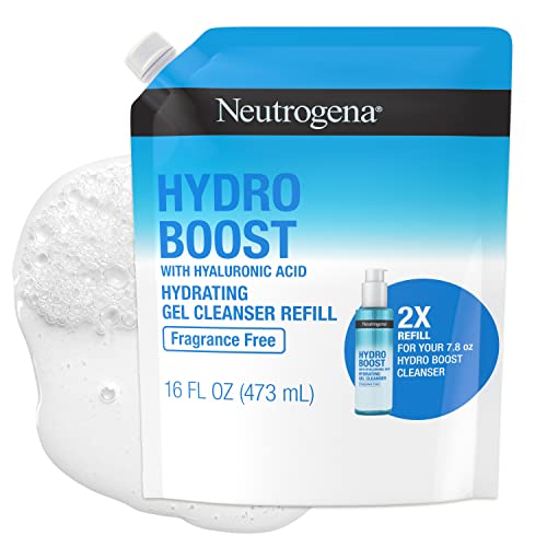 Neutrogena Hydro Boost Fragrance-Free Hydrating Facial Cleansing Gel with Hyaluronic Acid, Daily Foaming Face Wash Gel & Makeup Remover, Hypoallergenic, Refill Pouch, 16 fl. oz