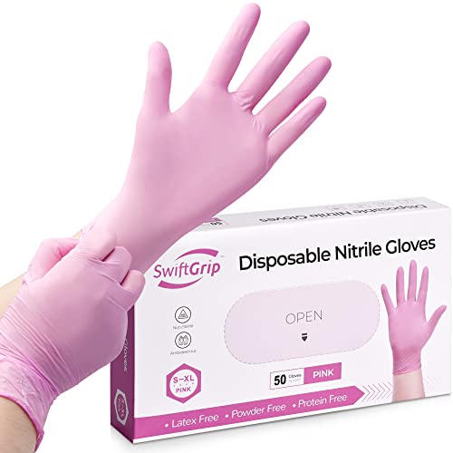 SwiftGrip Pink Nitrile Gloves, 3-mil, Pink Industrial Gloves Disposable Latex Free, Gloves for Cleaning & Esthetician, Pink Rubber Gloves, Pink Cleaning Gloves, Powder-Free, 50-ct Box (XL)