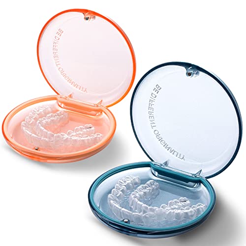 Retainer Case, 2 Pack Orthodontic Mouth Guard Case with Magnetic Closure Hinged Lid, Portable Slim Night Guard Case, Easy to Clean Aligner Case for Girl, Boy, Women, Men, Teenage, Adult(Blue/Orange)