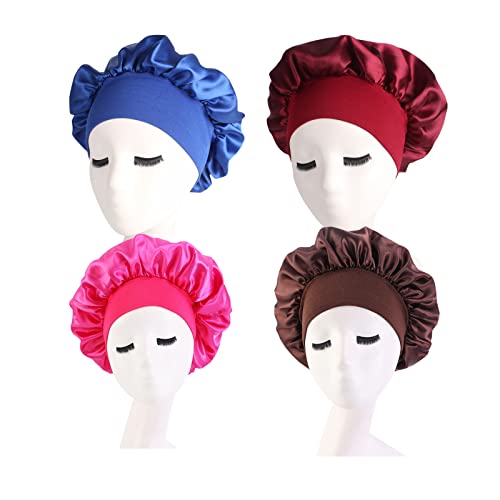 Silk Bonnet Satin Bonnet,Hair Bonnets for Curly Hair Sleeping for Bonnets for Women Satin Sleep Cap, Sleep Bonnets for Women Curly Hair,Silk Bonnet with Elastic Soft Band Big Bonnet (4 Pcs).