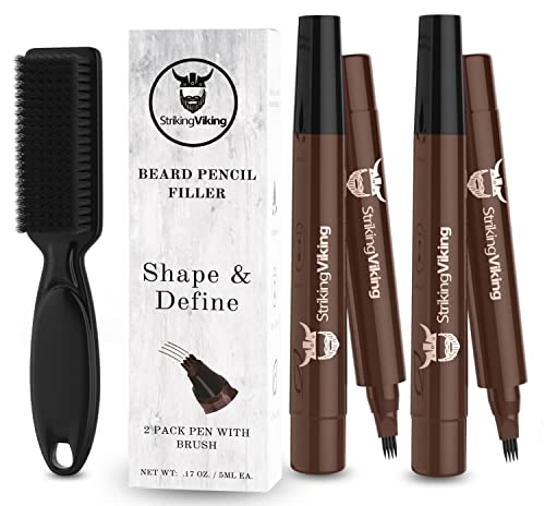 4-Tip Beard Pencil Filler for Men (2 pack), Updated Beard Filling Pen Kit with Brush, Long Lasting Waterproof Beard Pen - Fill, Shape, & Define Your Beard and Mustache - Striking Viking, Dark Brown (2 Pens)