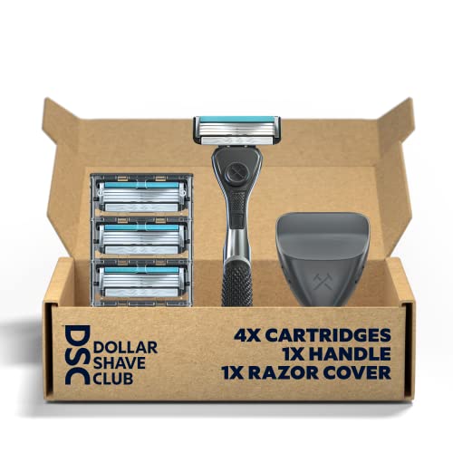 Dollar Shave Club - Travel Shaving Kit with Diamond Grip Razor Handle, 4-Blade Razor Blade Refills, & Razor Blade Cover, Easy to Grip Handle, Shaving Starter Set, Razor Kit, Great for Travel, Blue