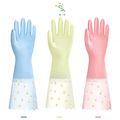 KAQ Dishwashing Cleaning Gloves 3 Pairs - Reusable Rubber Gloves Non-Slip Laundry Kitchen Gardening Household Gloves