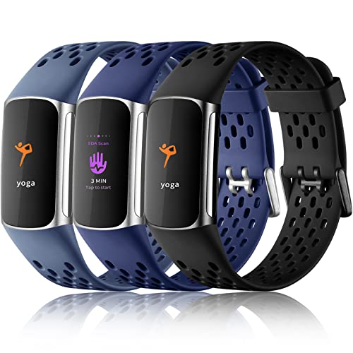 Maledan Compatible with Fitbit Charge 5 Bands Women Men - Waterproof Sport Band Breathable Strap Replacement Wristbands for Fitbit Charge 5 Accessories, 3 Pack Black/Navy Blue/Blue Gray