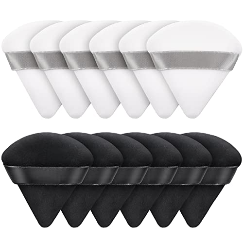 12 PCS Powder Puff Triangle Makeup Puffs for Loose Setting Powder Face Body, Foundation Blender Velour Setting Powder Puff, Super Soft Eye Makeup Wedges Beauty Tools (6 Black 6 White)