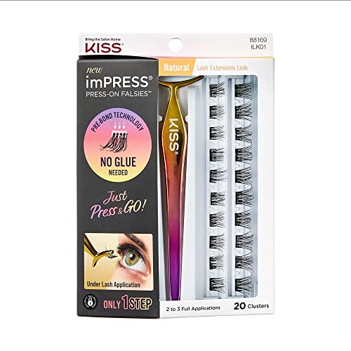 KISS imPRESS Press-On Falsies Eyelash Clusters Kit, Natural, Black, Fuss Free, Invisible Band, Natural, 24 Hours, No Damage, No Sticky Residue, Gorgeous, Flawless, Quick & Easy | 20 Clusters