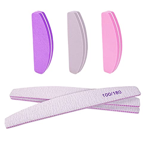 Nail File and Buffer (6 Pcs), Buffer Block Nail Files Double Sided 100/180 Grit for Acrylic and Natural Nails, fingernail Emery Board Buffing Blocks Manicure Set Nail Care kit Tool Halfmoon Arc