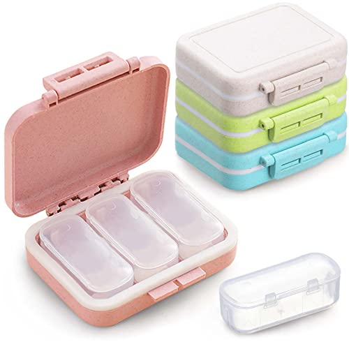 4 Pack 3 Compartments Travel Pill Box Moisture Proof Small Pill Case Portable for Pocket Purse Daily Pill Organizer Cute Pill Holder Container for Vitamins, Medicine