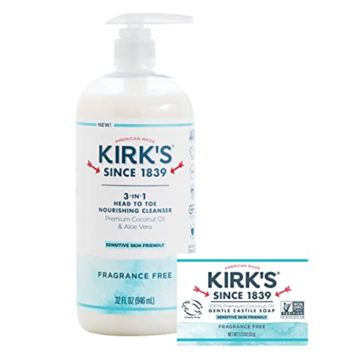 Kirk's 3-in-1 Castile Clean Unscented Body Wash Liquid Soap Shampoo Travel Size Bar Soap (1.13 oz.) | Fragrance Free | For Men, Women & Children | 32 Fl Oz.