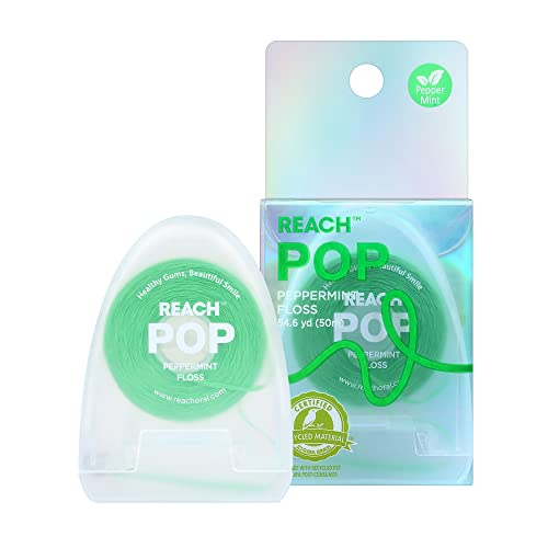 REACH POP Dental Floss | Eco-Friendly Packaging | Vegan Wax & PFAS-Free | Durability & Shred Resistance | Slides Smoothly & Easily | Effective Plaque Removal | Green Color Floss | Peppermint, 54.7 YD