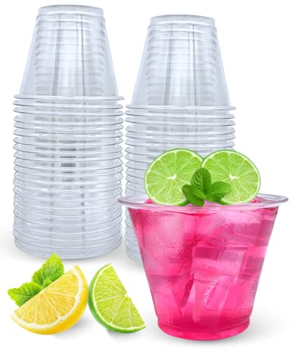 [50 Pack] 9 oz Clear Plastic Cups, Sturdy Disposable Plastic Wine Cups Tumblers for Wedding Party, Elegant Clear Plastic Cocktail Cups, Reusable Plastic Drinking Cups for Iced Coffee, Cold Drinks