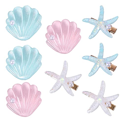 chuang 8 Pcs Starfish Sea Shell Princess Hair Clips, Beach Hair Accessories Mermaid Costume Accessories for Women Girls Kids, Blue, White, Pink, Pack of 1