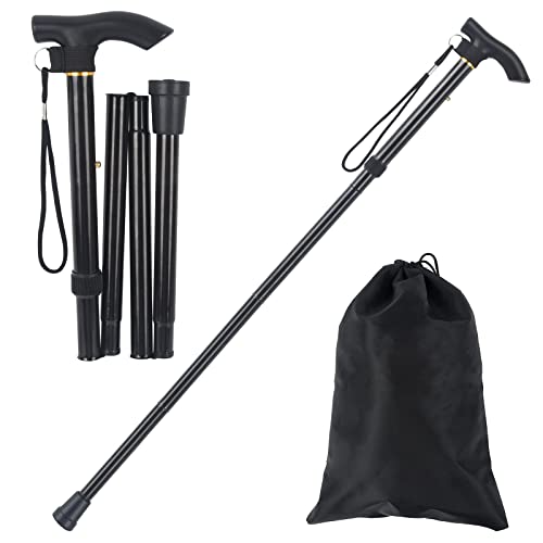 Foldable Walking Cane for Men & Women - Portable Lightweight Cane, Adjustable Height, Anti-Slip Rubber Tip, Includes Storage Bag | Ideal for Seniors & Mobility Aid Users [Black]