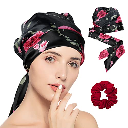 Bonnet with Tie Band Satin Silk Bonnet for Sleeping with Straps Silk Night Cap for Women Curly Hair Natural Long Wraps for Women Sleeping Protects Hair Give Away Red Hair Ring