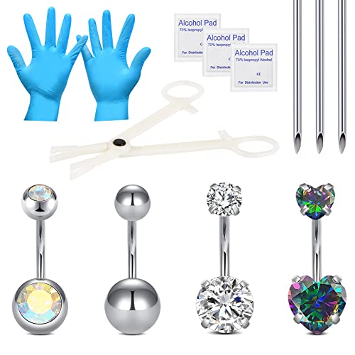 12PCS Belly Button Piercing Kit,JIESIBAO 14G Belly Button Rings CZ Belly Rings 316L Steel Piercing Needles and Piercing Clamp Belly Kit for Women Belly Navel Piercing