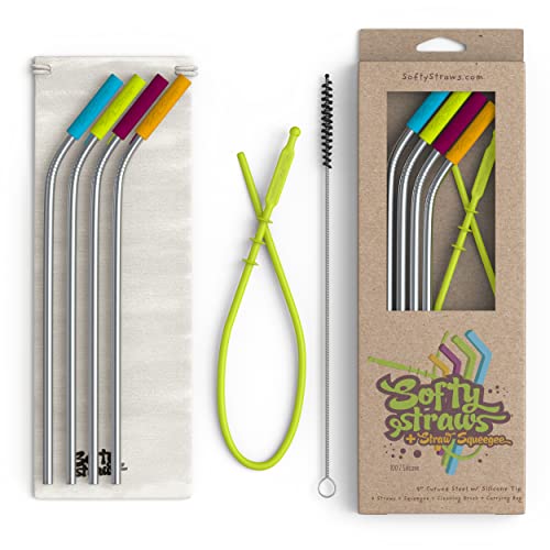 Softy Straws Premium Reusable Stainless Steel Drinking Straws With Silicone Tips + Patented Straw Cleaners and Carrying Case - 9” Long Metal With Curved Bend for 20/30/32oz Tumblers