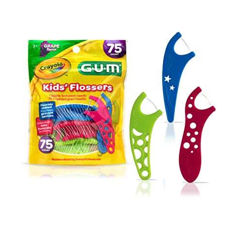 GUM-897 Crayola Kids' Flossers, Grape, Fluoride Coated, Ages 3+, 75 Count