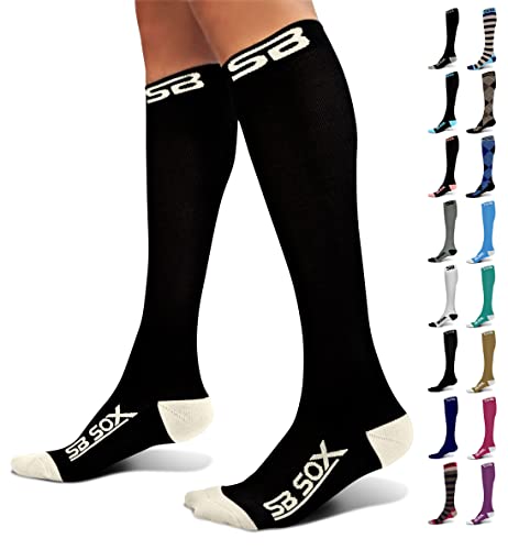 SB SOX Compression Socks (20-30mmHg) for Men & Women – Best Compression Socks for All Day Wear, Better Blood Flow, Swelling! (Small, Black/Beige)