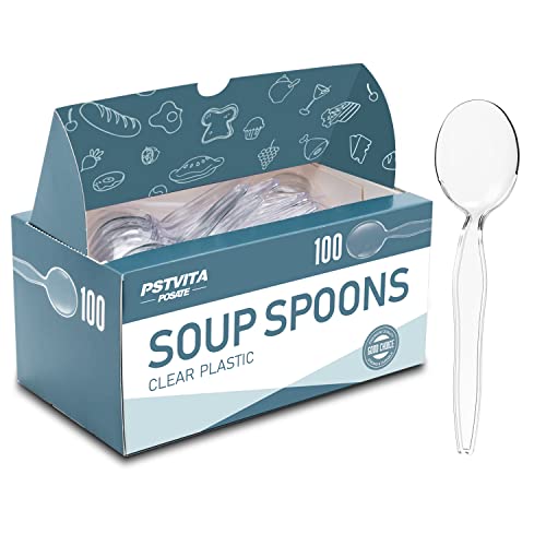 PSTVITA Plastic Soup Spoons, Heavyweight Clear Cutlery, Disposable Utensils for Party Supply, Pack of 100