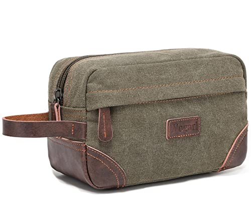 Wogarl Toiletry Bag for Men, Leather and Canvas Travel Toiletry Bag Dopp Kit Shaving Bag for Travel Accessories (Army Green)