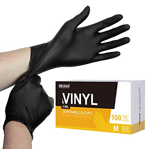 OKIAAS Black Disposable Gloves Medium, Vinyl Gloves Disposable Latex Free, 5 mil, 100 Count, for Food Prep, Household Cleaning, Hair Dye, Tattoo