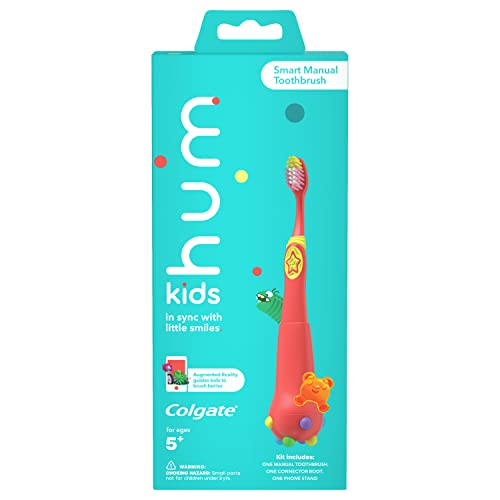 hum by Colgate Smart Manual Kids Toothbrush, hum Kids Toothbrush With Phone Stand, App Makes Brushing Fun, Child-Size Brush Head With Extra Soft Bristles, Coral