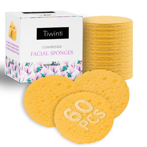 60-Count Compressed Facial Sponges|TiwinTi 100% Natural Cellulose Sponges|Face Cleansing|Makeup Remover|Facial Sponges for Estheticians|Exfoliating Sponge|Pore Exfoliation|Reusable