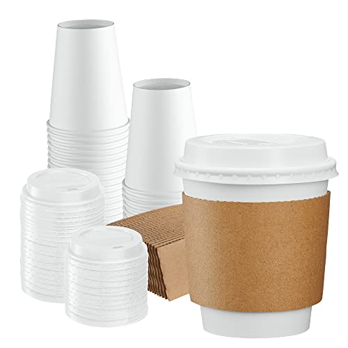 Comfy Package [50 Sets 12 oz. Disposable White Coffee Cups with White Lids, Sleeves - To Go Paper Hot Cups