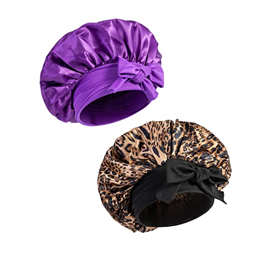 Women Satin Bonnet - Large Satin Bonnets for Braids for Sleeping Black Women Satin Silk Bonnet with Stretchy Tie Band - Bonnets for Black Women (Purple & Leopard)