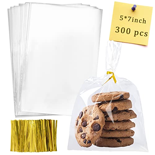 Labeol Cellophane Bags 300Pcs 5X7 Treat Bags with Ties Goodie Bags Clear Plastic Bags for Packaging Favor Gift Cookie Candy Bakery