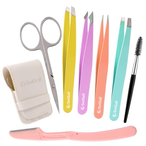 SetSail Tweezers, 7 Pack Precision Tweezers for Women Best Professional Stainless Steel Eyebrow kits with Case for Shaping Eyebrows, Hair Removal Muti-color