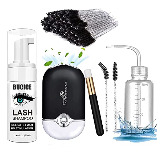 BUCICE Lash Shampoo for Lash Extensions, 50ml Eyelid Foaming Cleanser, USB Mini Lash Fan,Bottle Mascara Brush Cleaning Brush Lash Cleaning Kit for Professional & Home Use(Black)