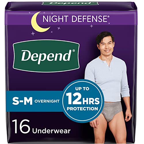 Depend Night Defense Adult Incontinence Underwear for Men, Disposable, Overnight, Small/Medium, Grey, 16 Count, Packaging May Vary