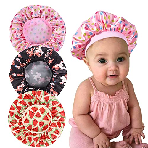 3 Pieces Kids Satin Bonnet Sleeping Cap Soft Silk Wide Band Night Hats for Natural Hair Teens Toddler Child Baby