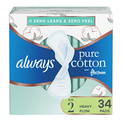 Always Pure Cotton Feminine Pads for Women, Size 2, Heavy Flow, with wings, unscented, 34 Count