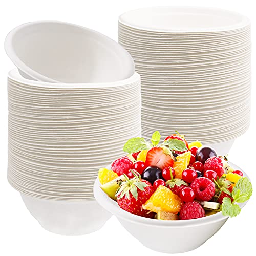 Tiaiidi 100 Pack 8oz Disposable Paper Bowls,Compostable Bagasse Bowls,Small Biodegradable Heavy-Duty Bowls for Hot and Cold Food